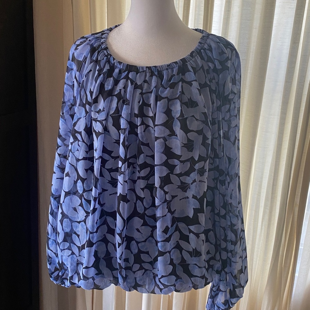 CeCe Blue Floral Chiffon Blouse with Elastic Neckline